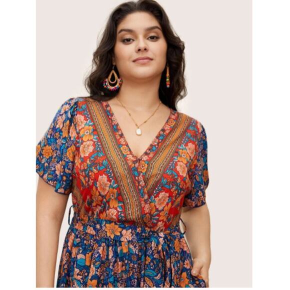 NWT Bloomchic Plus Sz 22-24 Bandana V-neck Pocket Belted Flutter Hem Maxi Boho - Picture 2 of 13